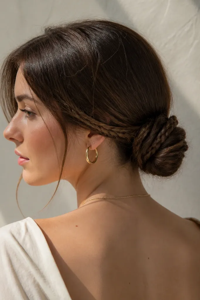 Low bun with a subtle micro braid tucked at the nape.