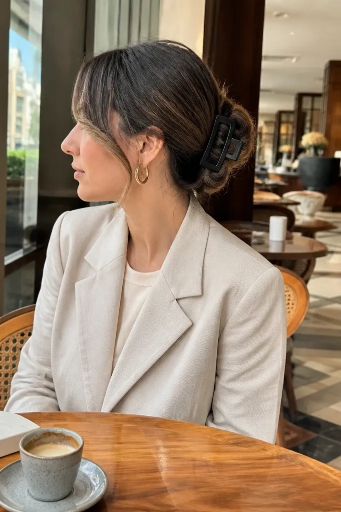 Low bun with a small barrette and soft halo strands around the crown.