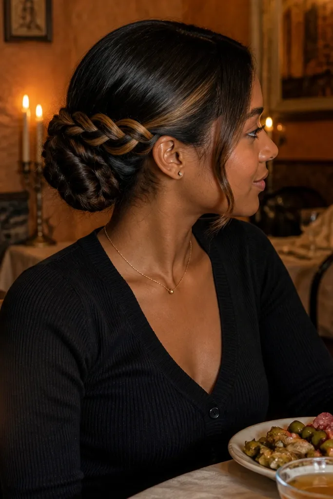 Low bun with a braided ribbon look created by contrasting hair color strands.