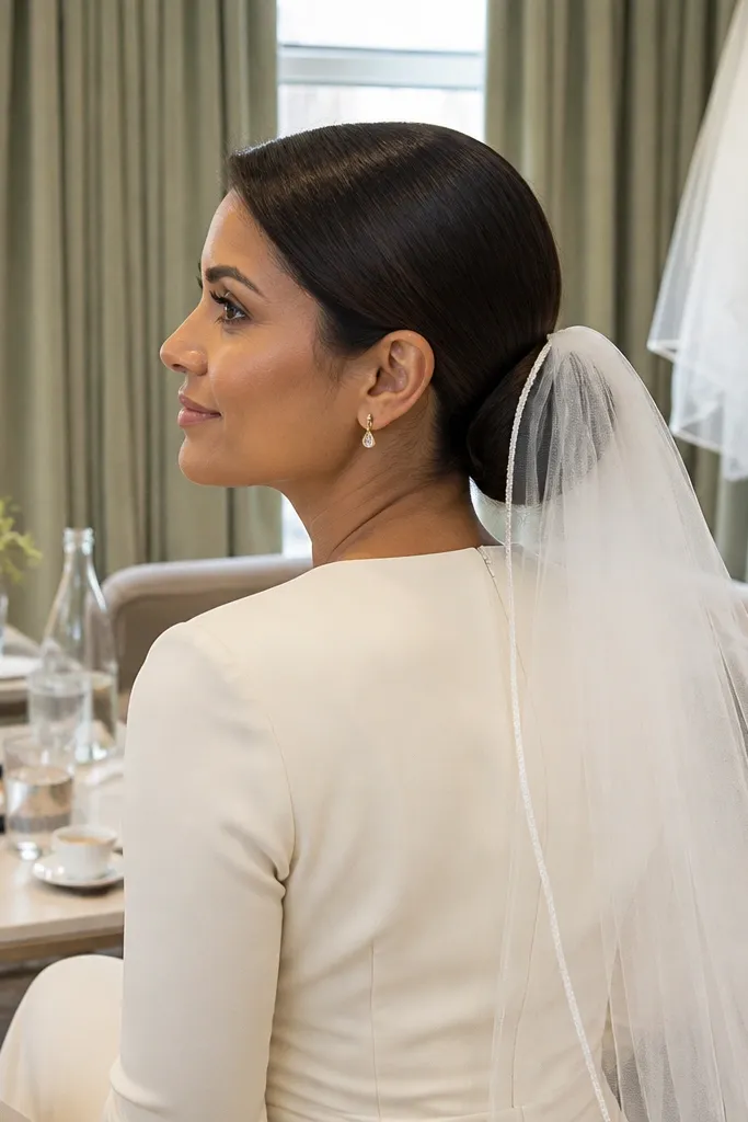 Low bun with flat crown and a veil-ready foundation.