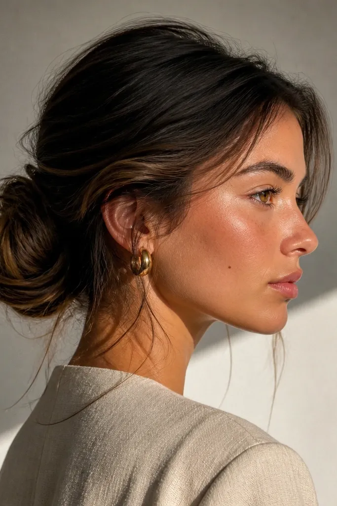 Low bun with gentle volume at the crown and relaxed texture.