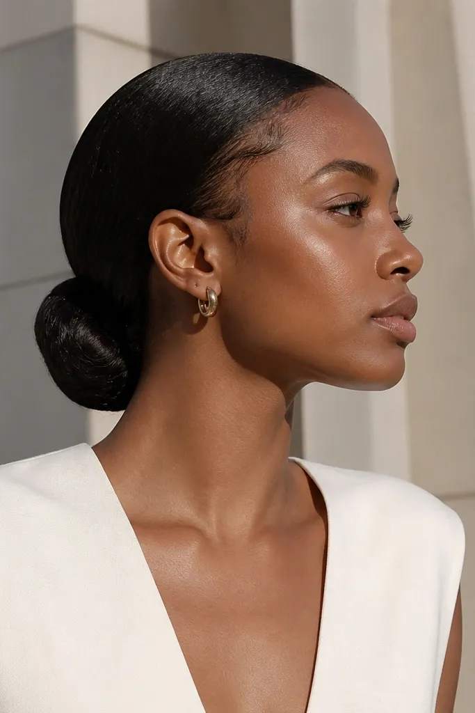 Low bun with sleek edges and smooth, polished finish.