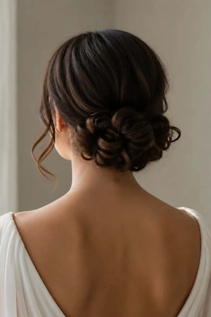 Low bun with curls tucked around the base forming a halo effect.