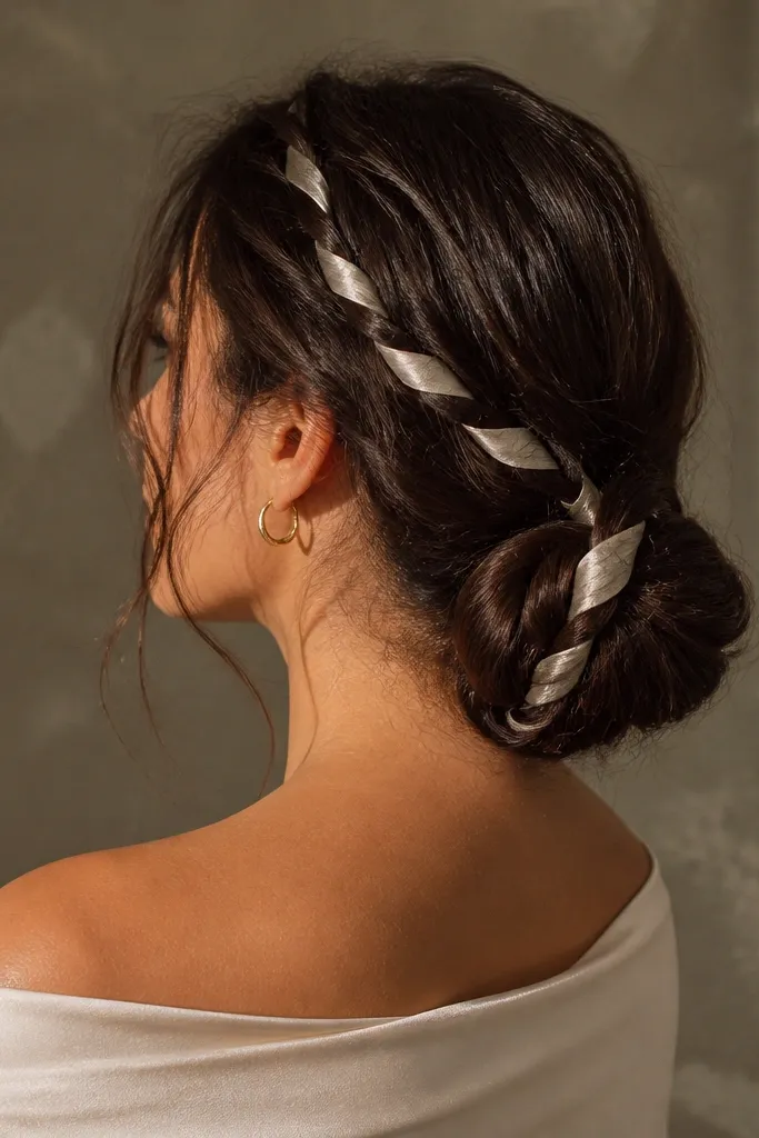 Low bun knot with a satin strip woven like a ribbon insert.