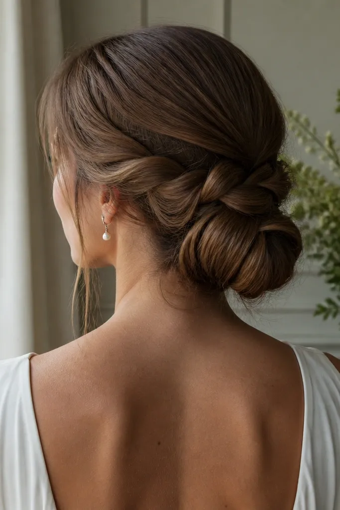 Low bun built from a braided-through section for extra hold.