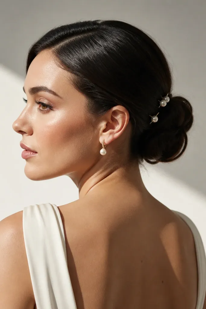 Low bun with pearl pins and a smooth side swoop near the hairline.