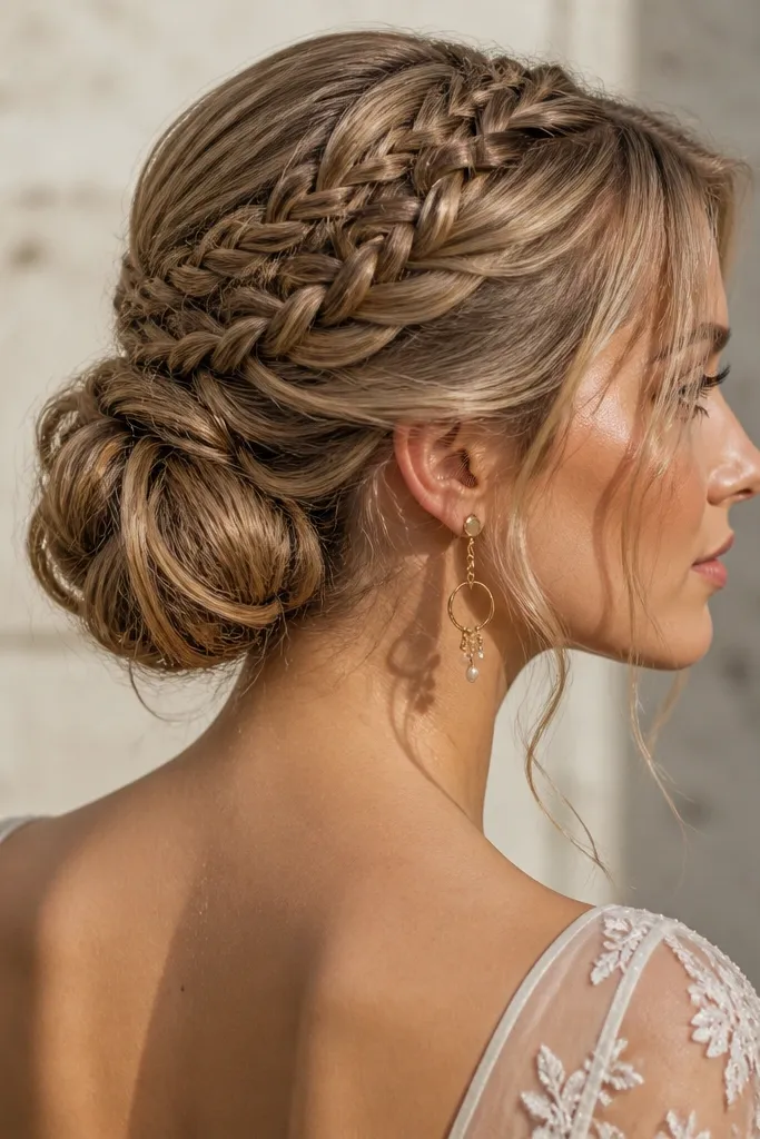 Low bun with a lace-like braid pattern on the crown area.