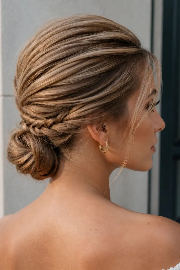 Low bun with low twist braid and dramatic back volume.