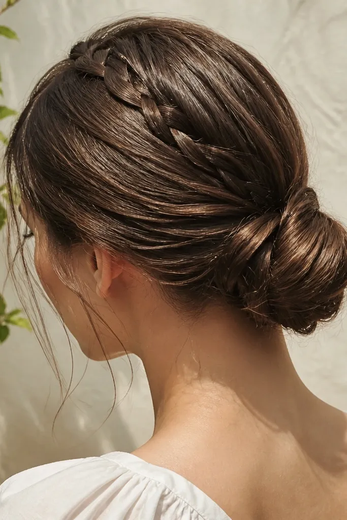 Low bun with a hidden Dutch braid crown and smooth shine