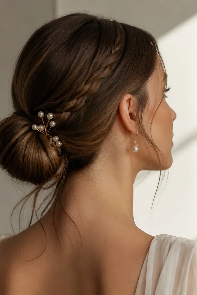 Low bun with a side braid underlay and pearl drop pins