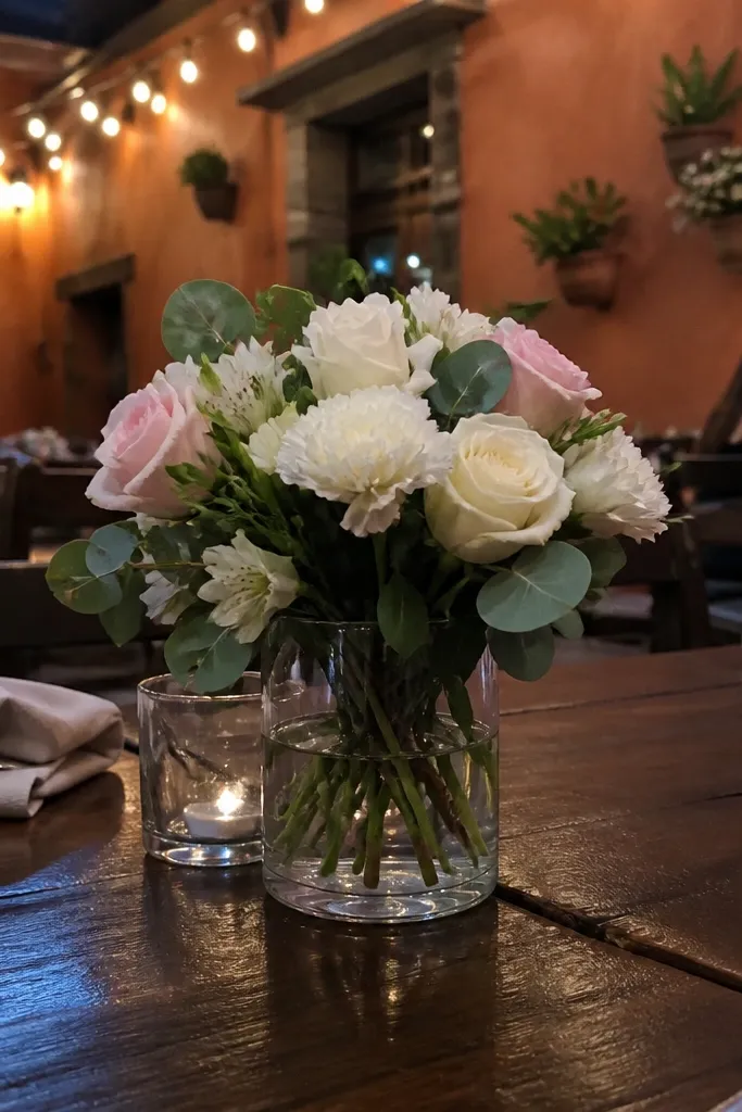 Terracotta wall restaurant table with a small white bouquet in a glass vase and a bride-themed sign
