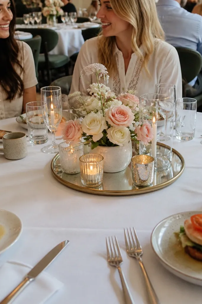 Brunch table with white linens, a mirrored tray, small pastel florals, and a bride party sign