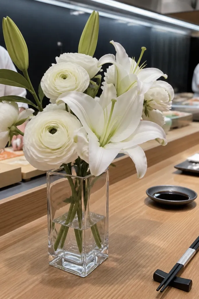Sushi bar table with a clear acrylic flower cup, white blossoms, and a small bride sign