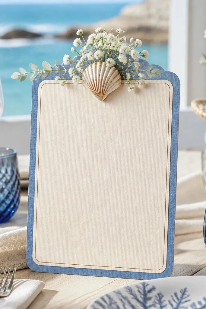 Seafood restaurant table with blue-and-cream place card board, small shells, and bride-to-be sign