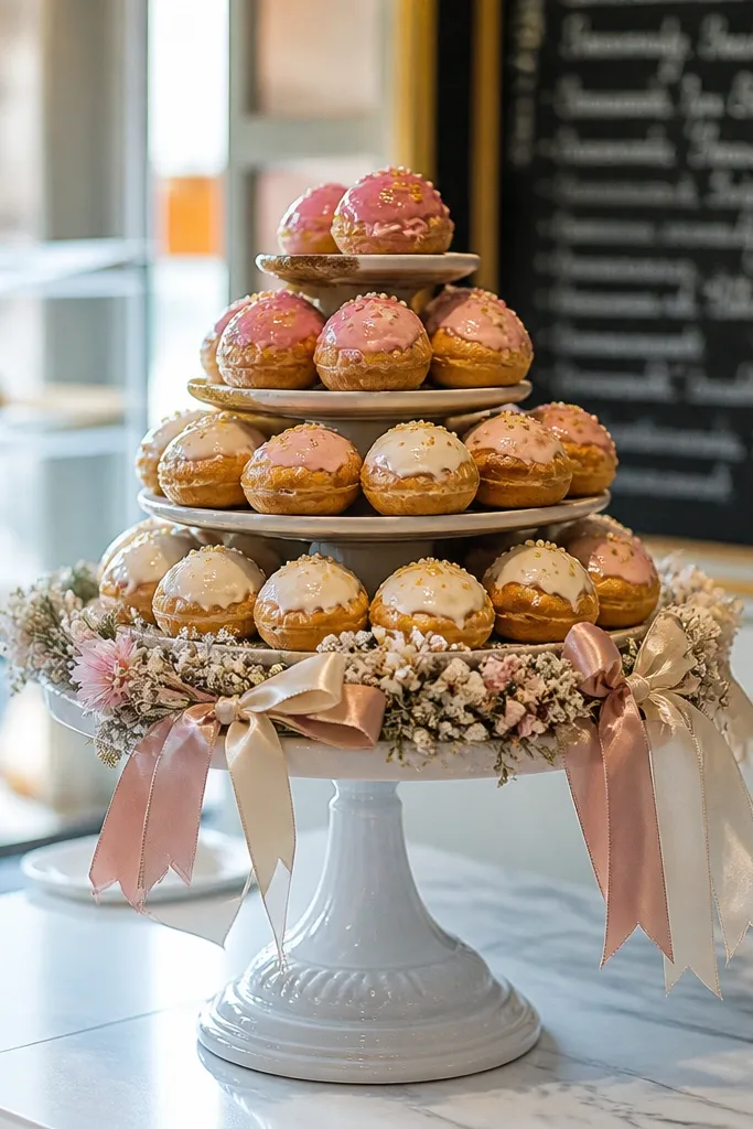 Bakery table with a small pastry tower, ribboned mini garland, and bride sign