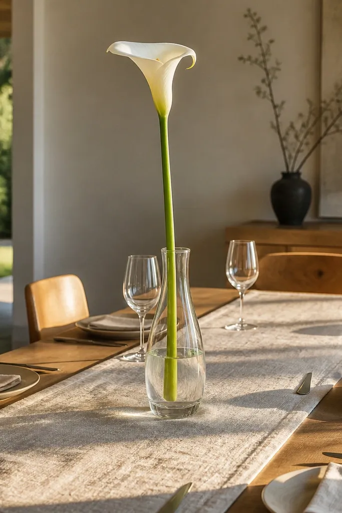 Italian restaurant table with a neutral runner, single-stem vase, and elegant bride sign