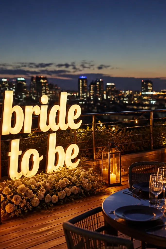 Rooftop bar table with lantern glow, small floral arrangement, and a bride to be sign