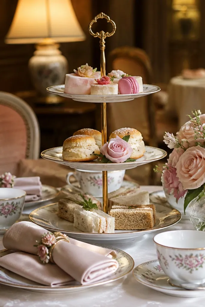 Tea room table with a cake stand, small flowers, and bride sign beside folded napkins