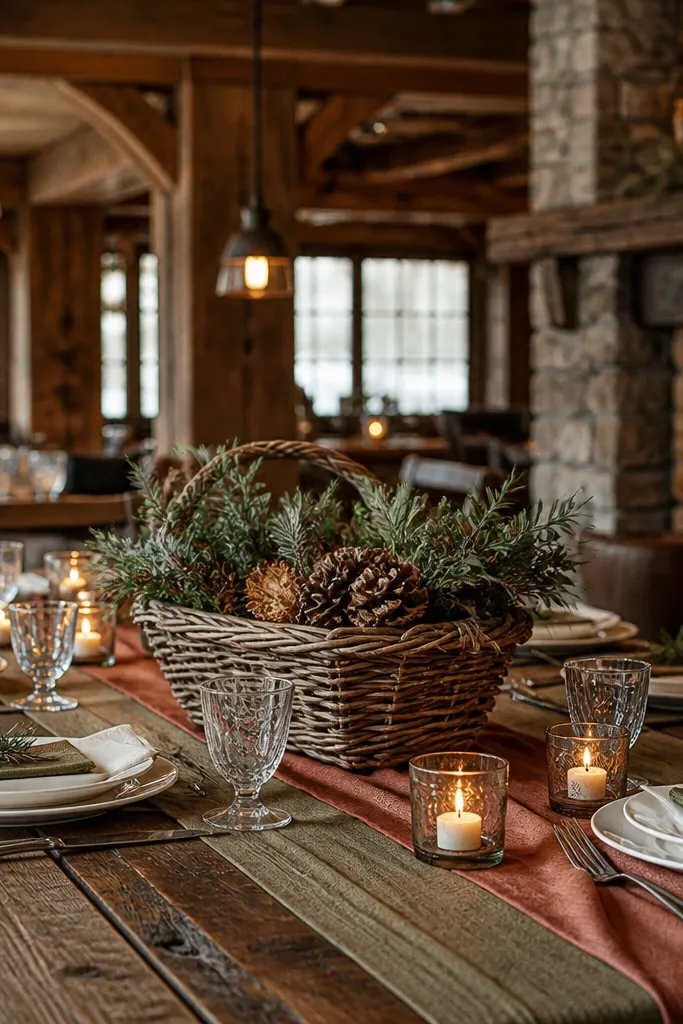 Rustic lodge dining table with a woven basket centerpiece, neutral runner, and bride sign