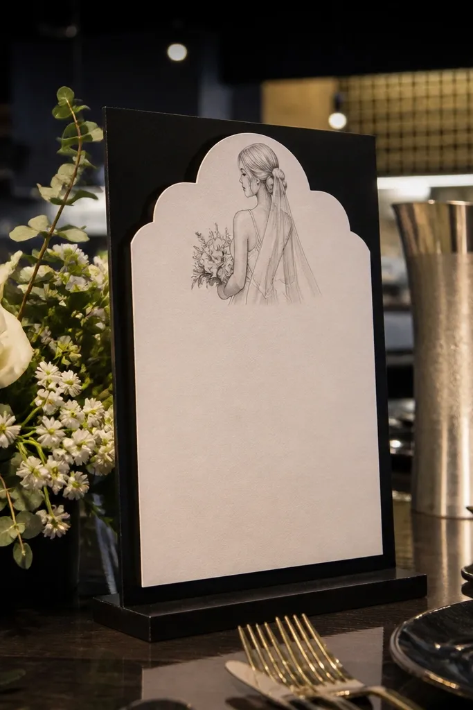 Steakhouse table with black acrylic sign stand, white floral arrangement, and bride party card