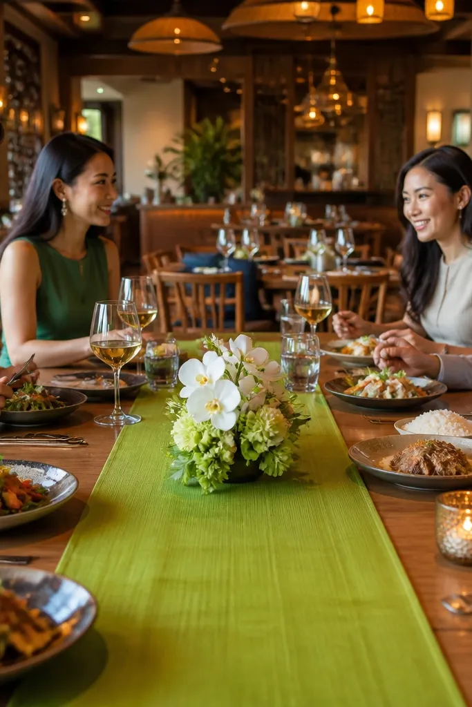 Thai restaurant table with lime-green runner, white orchids, and bride sign