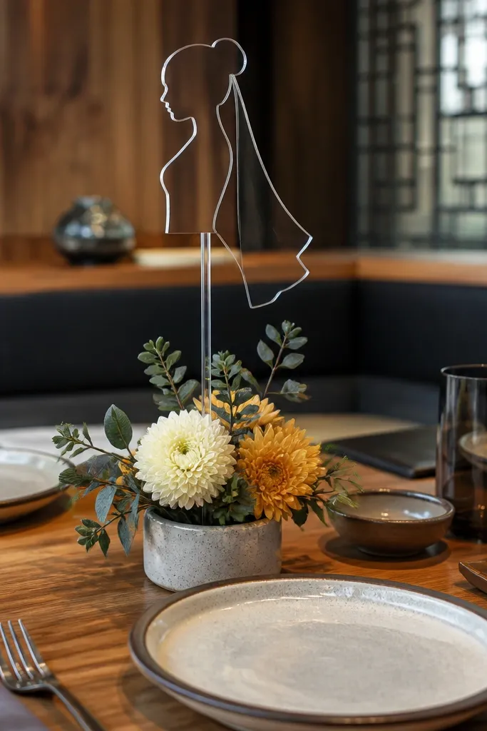 Fusion restaurant table with clear acrylic bride topper on stick, small florals, and clean backdrop