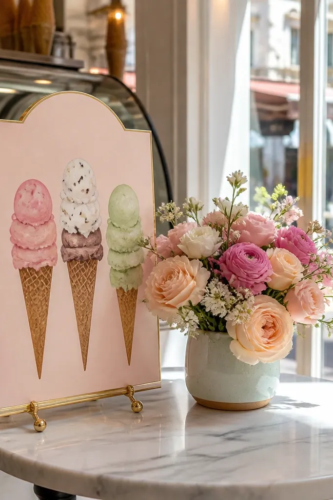 Gelato shop table with a cone bar sign, small flowers, and bride to be card