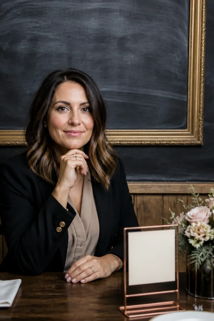 Chalkboard café table with framed menu board, rose gold pen card sign, and small rose bouquet