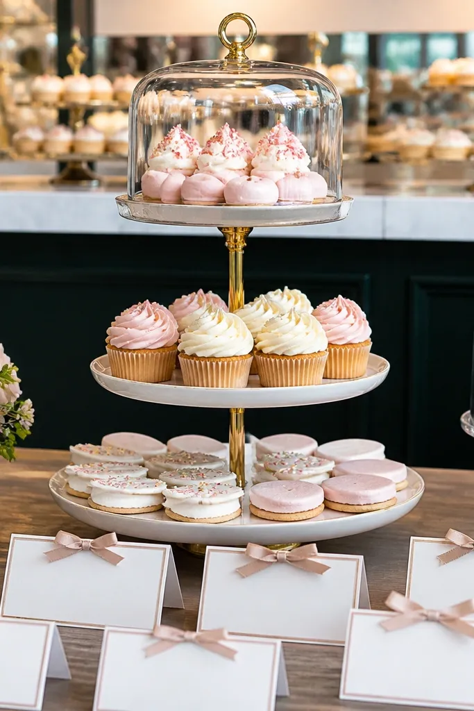 Dessert bar table with vertical cake stand, ribboned place cards, and bride-to-be sign