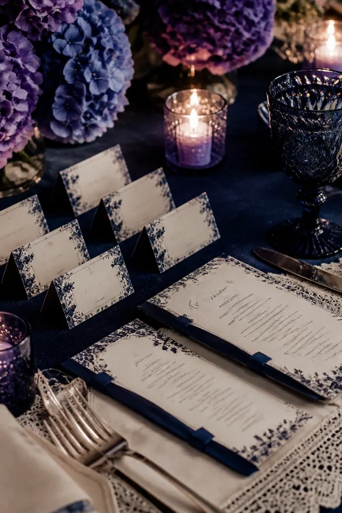 Ink navy napkins with cream lace runner, silver-blue hydrangeas, and dark candlelight