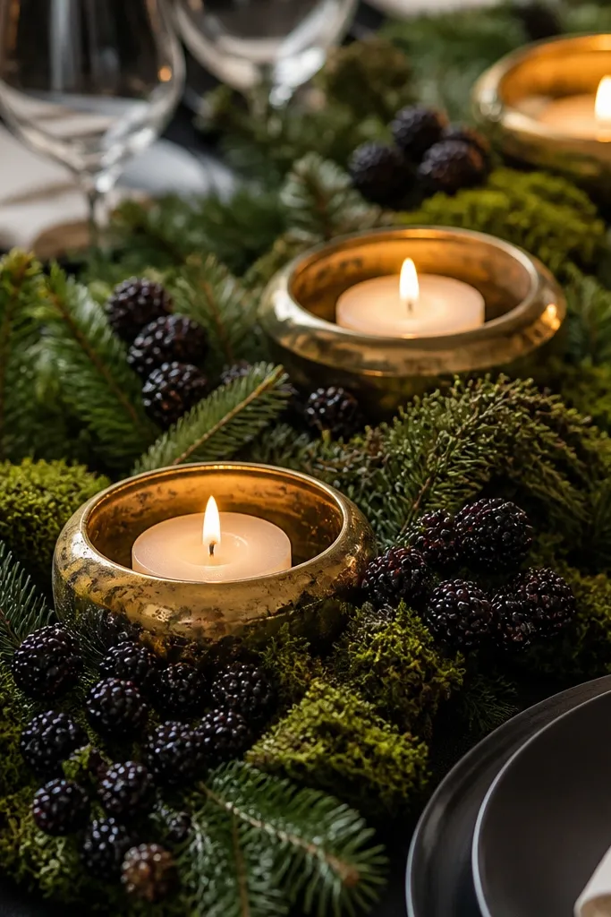 Forest green table styling with blackberry-toned accents and warm gold candle holders