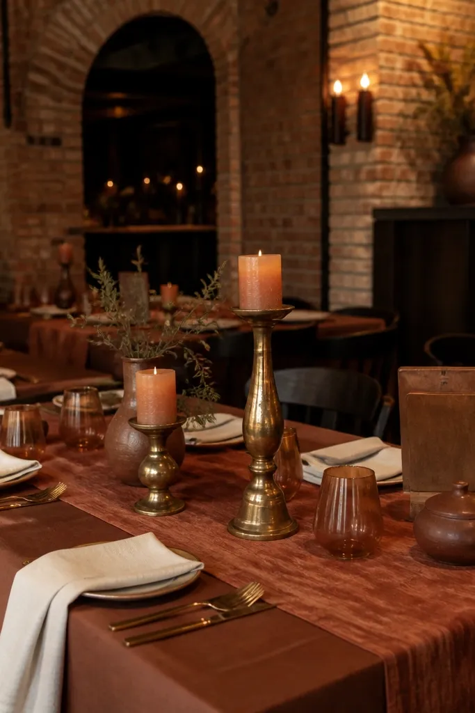 Rust brown napkins with cream chargers and antique brass cutlery on a dark wooden table