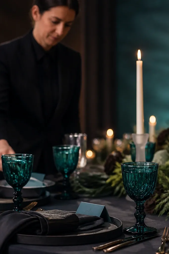 Deep teal napkins with charcoal table runner and pearl white menus and candles