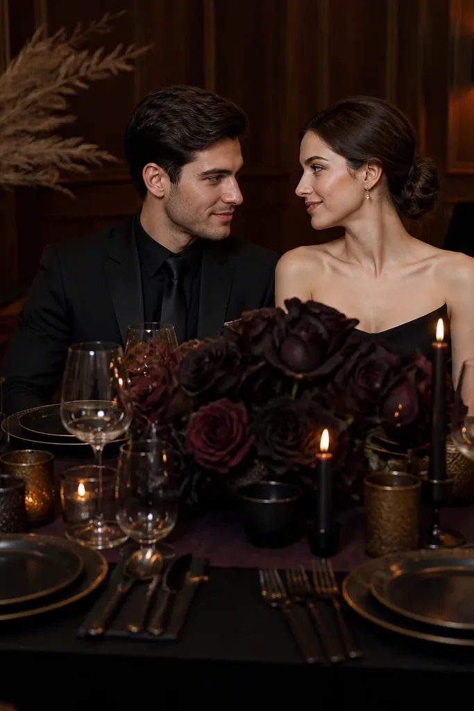 Espresso table with blackened gold accents and dark rose floral centerpiece