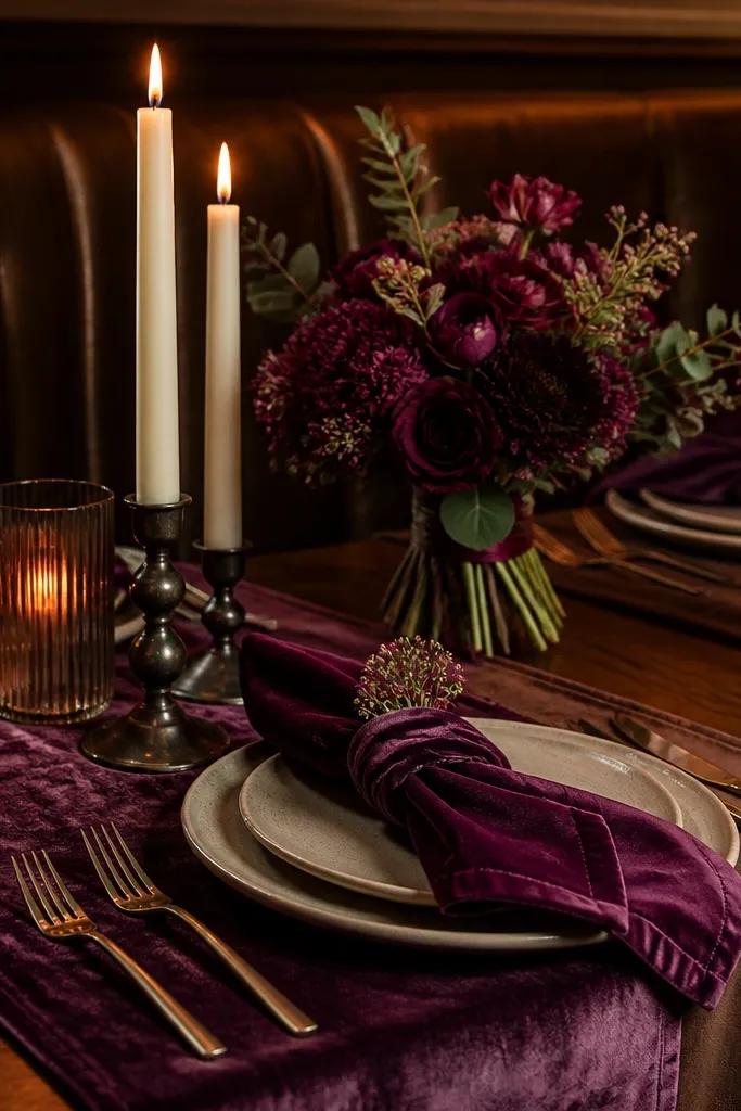 Velvet plum velvet napkin look with chocolate brown table decor and warm cream menus