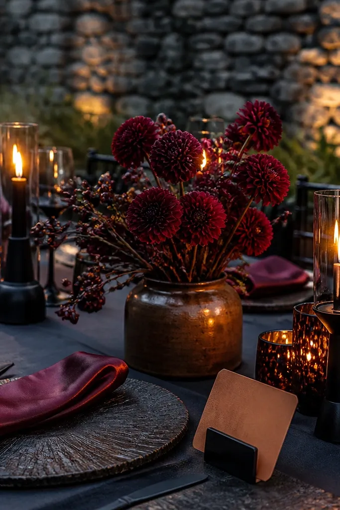 Charcoal table with burgundy napkins and burnt sugar caramel dessert styling in candlelight