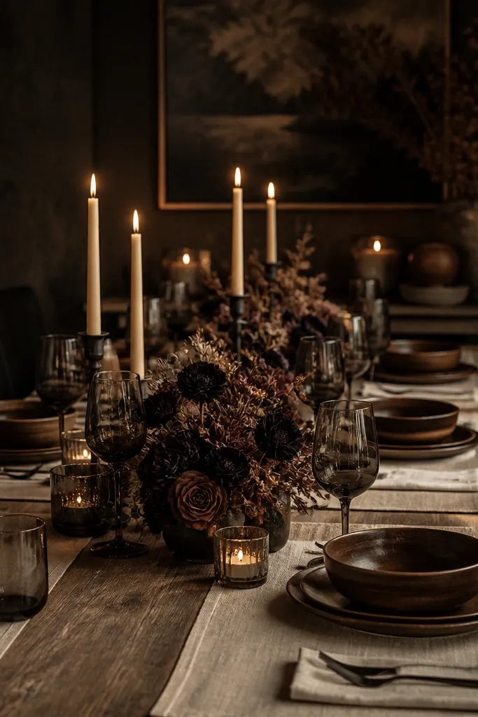 Cocoa brown linens with black tea colored table decor and cream menus and candles