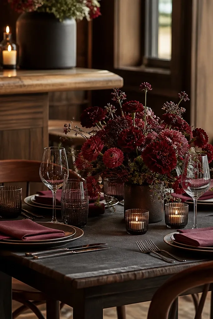 Dark rose floral centerpiece with espresso linens and warm walnut wood accents on a table