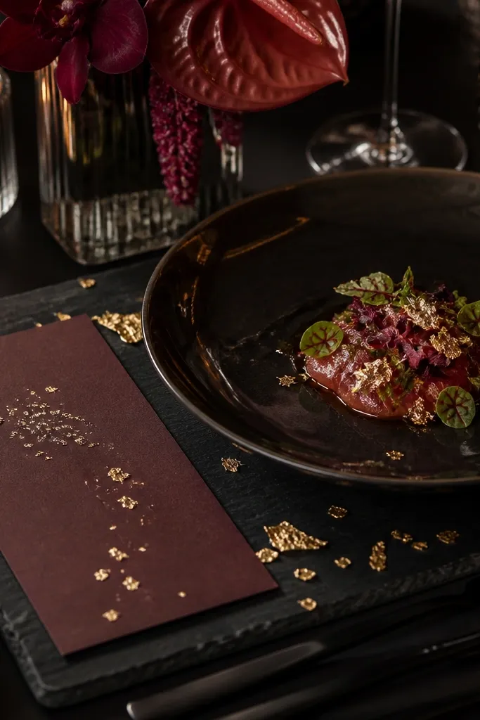 Smoky burgundy napkins with black tea brown paper menus and small gold leaf accents