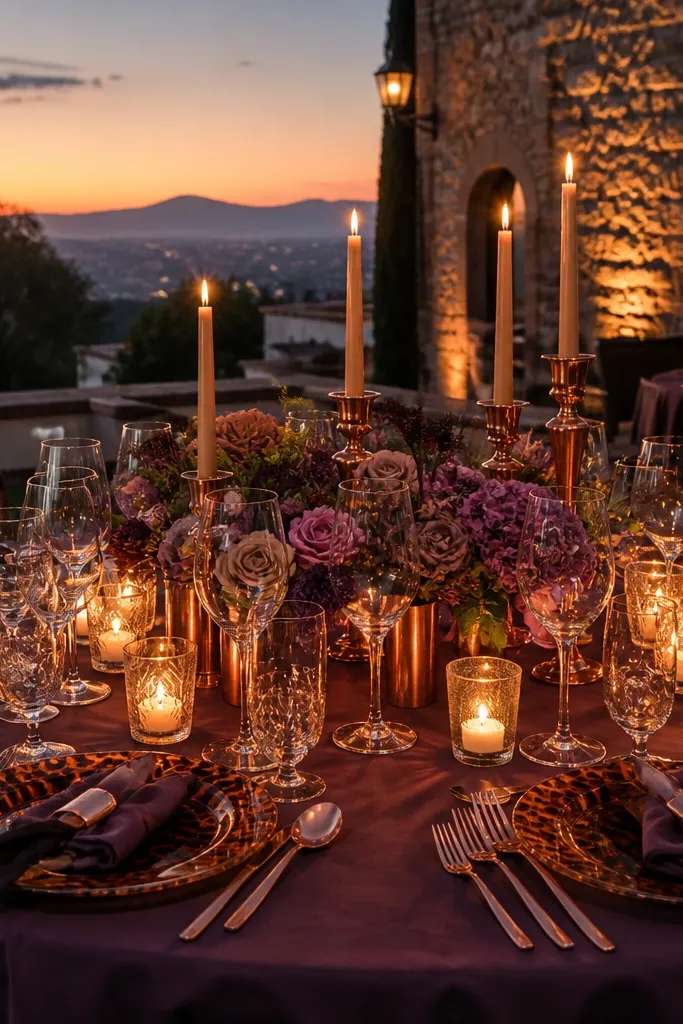 Fig purple linens with copper cutlery and tortoiseshell candle holders