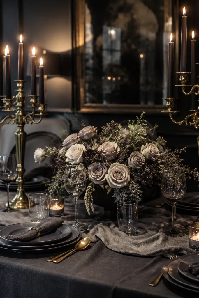 Charcoal table with pearl-toned smoke decor and brass candelabras