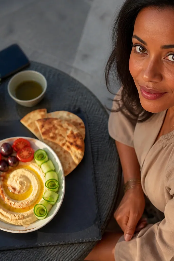 A mezze table with olives, hummus, pita, and colorful salads