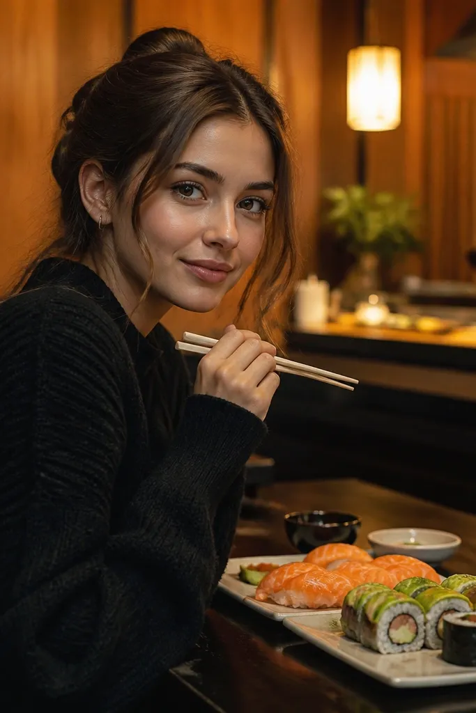 A sushi counter with warm wood tones and soft lighting