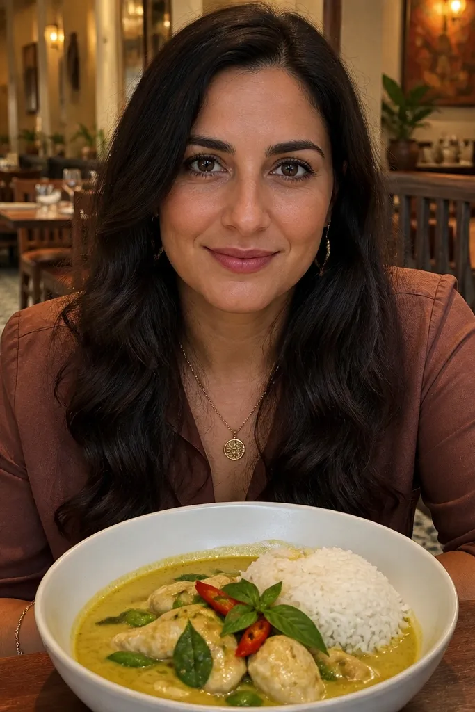 A Thai curry bowl with herbs and a warm dining room light