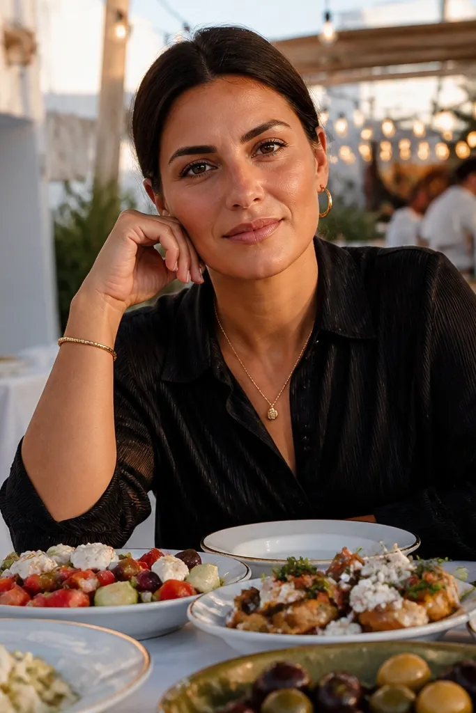 A Greek taverna table with white plates, olive oil, and warm lighting