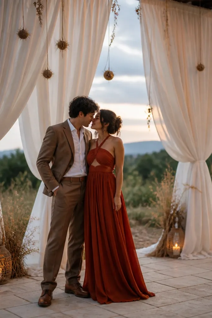 Light linen curtains with small hanging seed pod accents behind a wedding stage