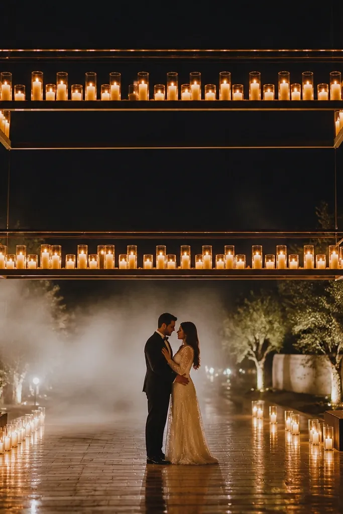 Two-tier metal frames with candles glowing behind sheer fabric