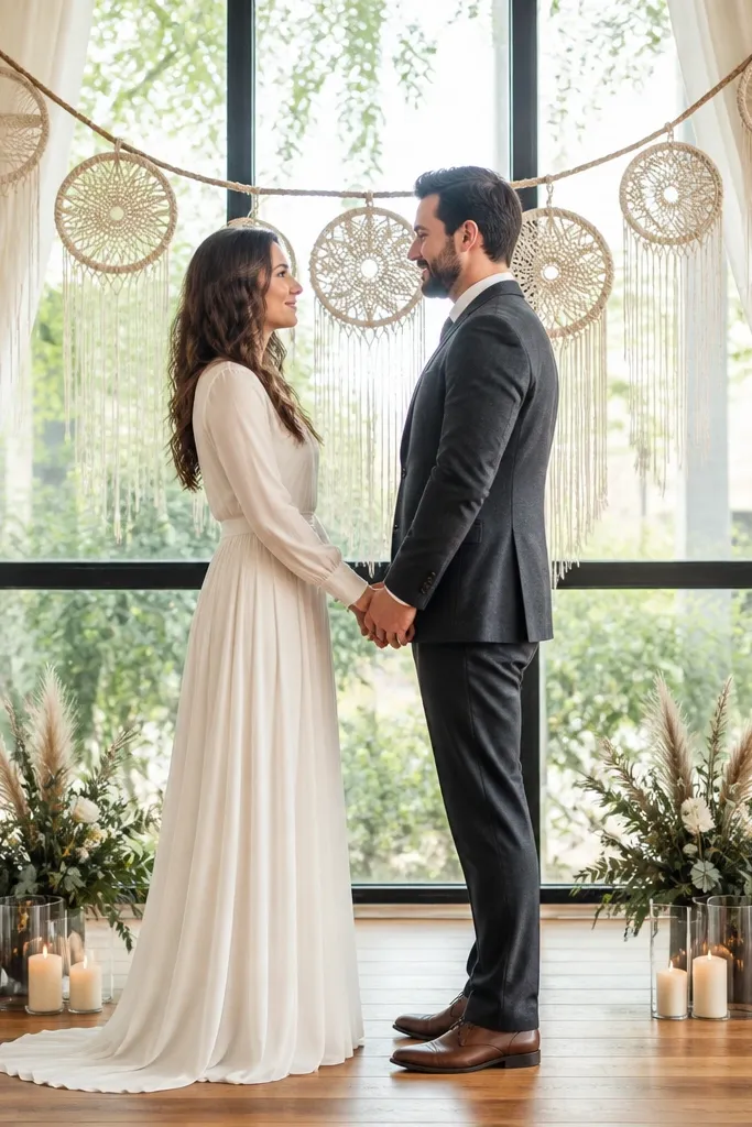 Macramé ring backdrop with soft cream drapes across an open wedding stage