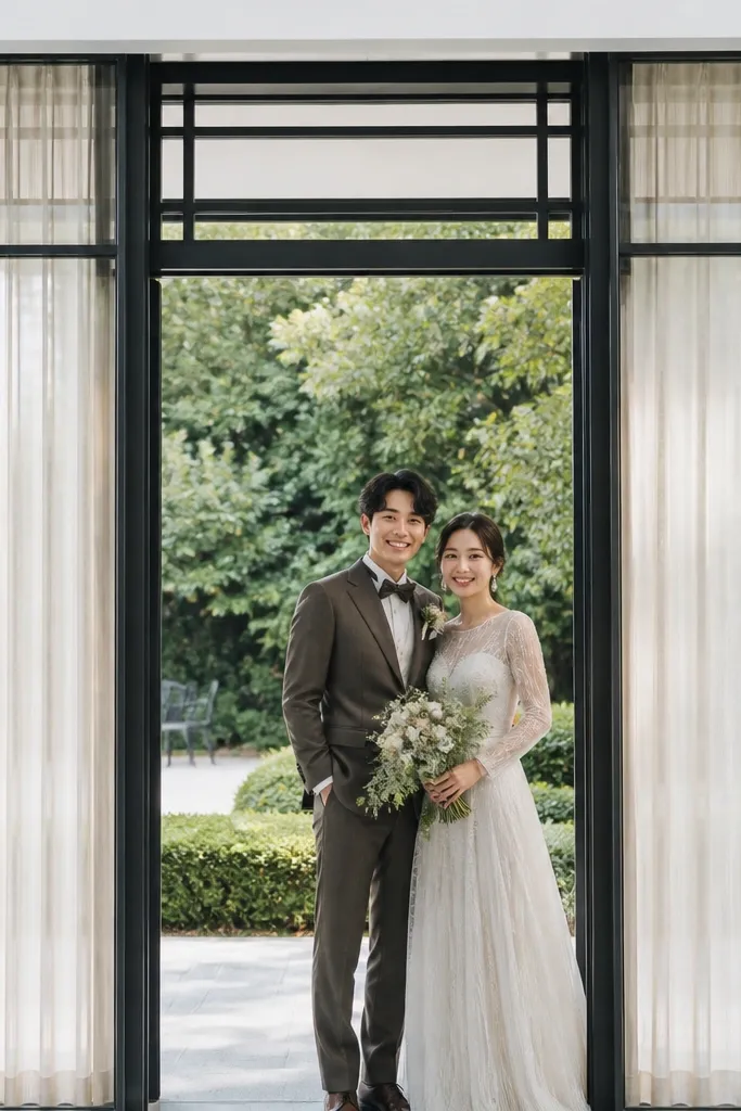 Geometric window-style frame with sheer panels behind a wedding stage
