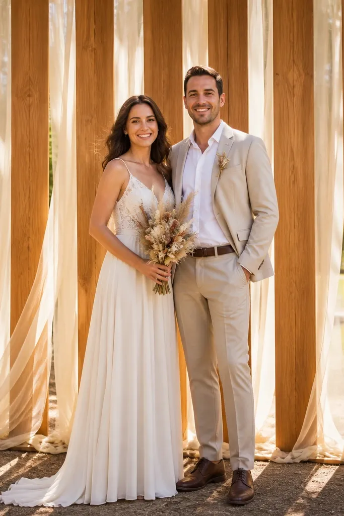 Wooden slat backdrop with light organza drapes hanging in open sections